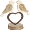 2 Oiseaux En Bois Sur Un Coeur, 9 Cm