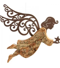 Ange De Noël A Suspendre En Metal Et Ecorce, 18 Cm