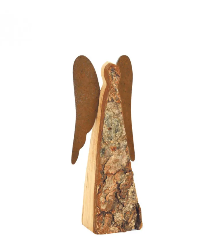 Ange De Noël En Bois Avec Ailes Metal, 12 Cm