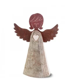Ange En Bois Avec Coeur Et Ailes Metal, 15,5 Cm