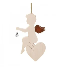 Ange En Bois D'Erable Avec Un Cristal Swarovski Assis Sur Un Coeur