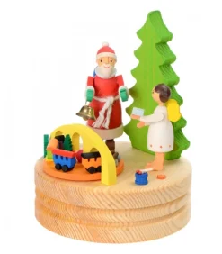 Boite A Musique En Bois, Père Noël Et Ange Blanc