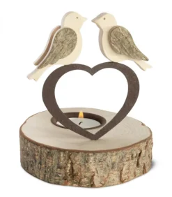 Bougeoir En Bois, 2 Oiseaux Sur Un Coeur, 13 Cm