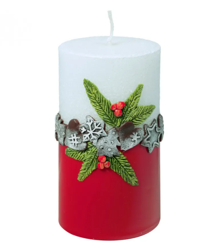 Bougie Décorative De Noël, Blanc Rouge, 12 Cm