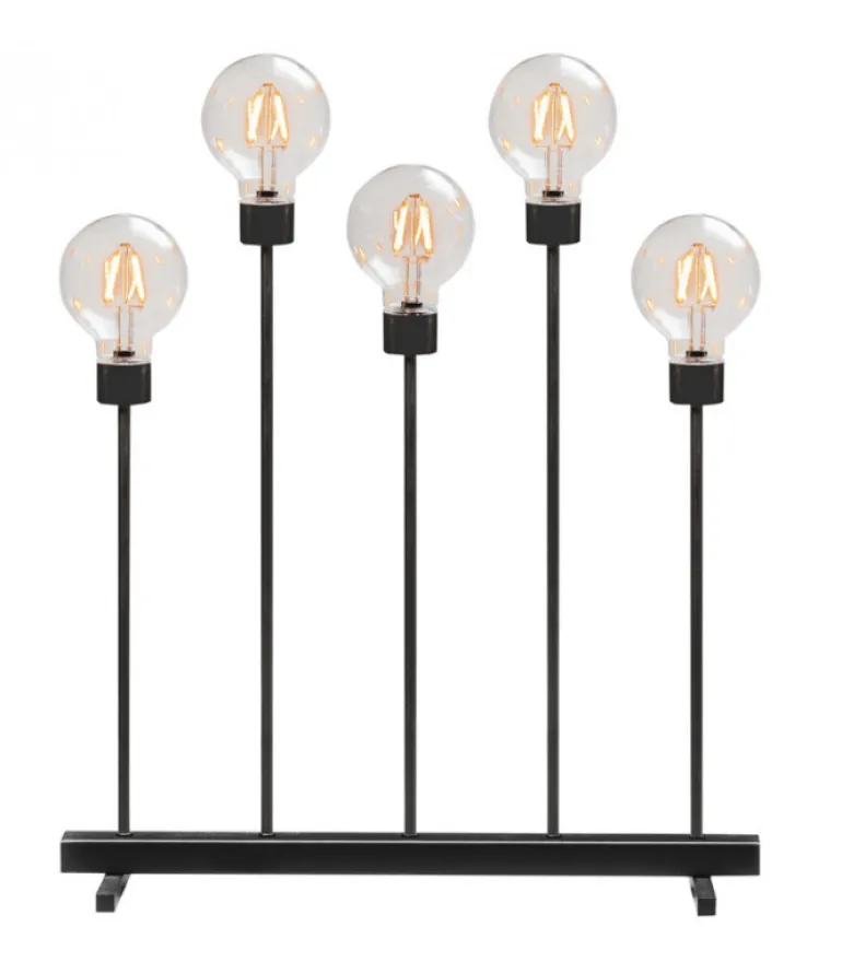 Chandelier Led 5 Ampoules Rondes Ambrees En Metal Noir, 54 Cm