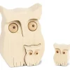 Chouette En Bois Avec Deux Bebes Chouettes, 10 Cm
