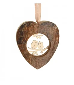 Coeur En Bois A Suspendre Motif Cisele Hiboux, 6 Cm
