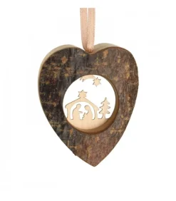 Coeur En Bois A Suspendre Motif Cisele Crèche Et Etoile, 6 Cm