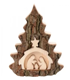 Crèche De Noël 16 Cm, Taillee Dans Une Ecorce De Bois En Forme De Sapin