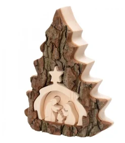Crèche De Noël 16 Cm, Taillee Dans Une Ecorce De Bois En Forme De Sapin