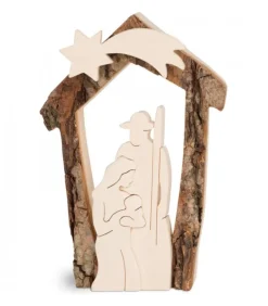 Crèche De Noël En Ecorce 12,5 Cm, Avec Nativite En Bois D'Erable