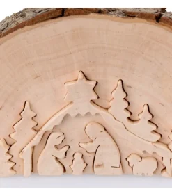 Crèche De Noël En Relief, Taillee Dans Un Rondin De Bois, 12 Cm