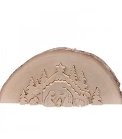 Crèche De Noël En Relief, Taillee Dans Un Rondin De Bois, 27 Cm