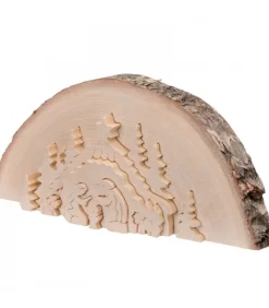 Crèche De Noël En Relief, Taillee Dans Un Rondin De Bois, 27 Cm
