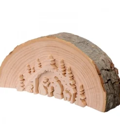 Crèche De Noël En Relief, Taillee Dans Un Rondin De Bois, 15 Cm
