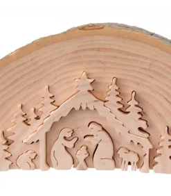 Crèche De Noël En Relief, Taillee Dans Un Rondin De Bois, 15 Cm