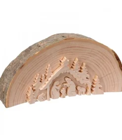 Crèche De Noël En Relief, Taillee Dans Un Rondin De Bois, 15 Cm