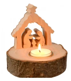 Crèche De Noël Sur Rondin De Bois Avec Bougeoir