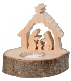 Crèche De Noël Sur Rondin De Bois Avec Bougeoir