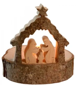 Crèche De Noël Sur Rondin De Bois Avec Bougeoir
