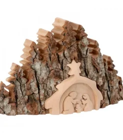 Crèche De Noël Taillee Dans Une Ecorce De Bois, Motif Etable, 20 Cm