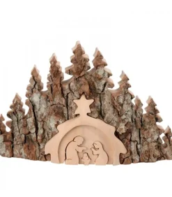 Crèche De Noël Taillee Dans Une Ecorce De Bois, Motif Etable, 20 Cm
