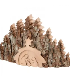 Crèche De Noël Taillee Dans Une Ecorce De Bois, Motif Etable, 20 Cm