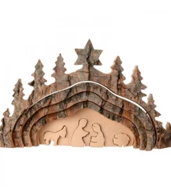Crèche De Noël Taillee Dans Une Ecorce De Bois, Motif Grotte, 20 Cm