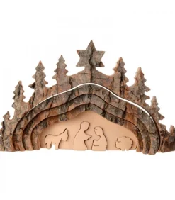 Crèche De Noël Taillee Dans Une Ecorce De Bois, Motif Grotte, 20 Cm