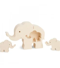 Elephant En Bois Avec Deux Bebes Elephants, 8,5 Cm
