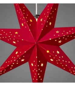 Etoile Lumineuse 7 Branches En Papier Velours Rouge A Suspendre, 60 Cm