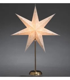 Etoile Lumineuse Electrique 7 Branches En Papier, Blanche, Sur Pied Laiton, 48 Cm