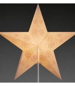 Etoile Lumineuse Electrique 5 Branches En Papier, Blanche, Sur Pied Blanc, 46 Cm