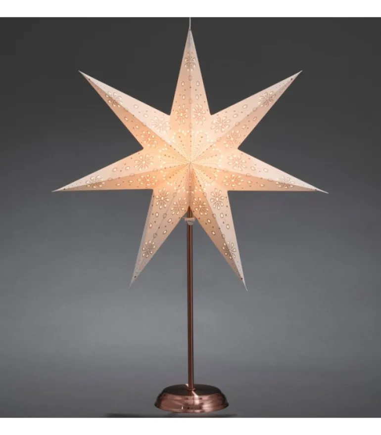 Etoile Lumineuse Electrique 7 Branches En Papier, Blanche, Sur Pied Cuivre 48 Cm