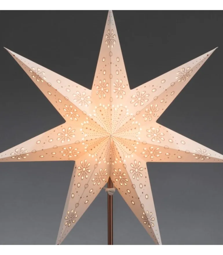 Etoile Lumineuse Electrique 7 Branches En Papier, Blanche, Sur Pied Cuivre 48 Cm