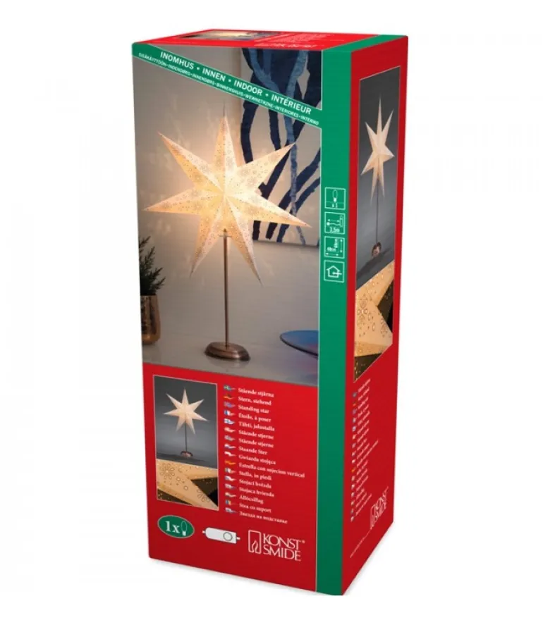 Etoile Lumineuse Electrique 7 Branches En Papier, Blanche, Sur Pied Cuivre 48 Cm