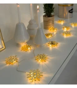 Guirlande Lumineuse Décorative A Led, Flocons De Neige Metalliques Dores