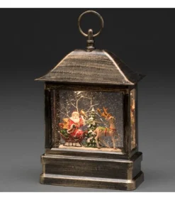 Lanterne À Neige A Led Avec Père Noël Dans Son Traineau, 25 Cm