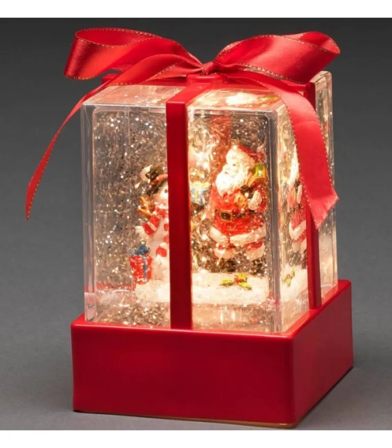 Lanterne À Neige "Cadeau De Noël" Avec Père Noël & Bonhomme De Neige