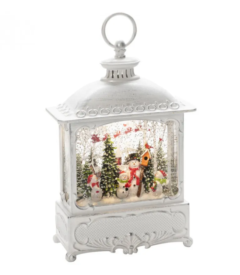 Lanterne De Noël Blanche, 4 Bonshommes De Neige Avec Oiseaux