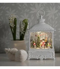 Lanterne De Noël Blanche, 4 Bonshommes De Neige Avec Oiseaux