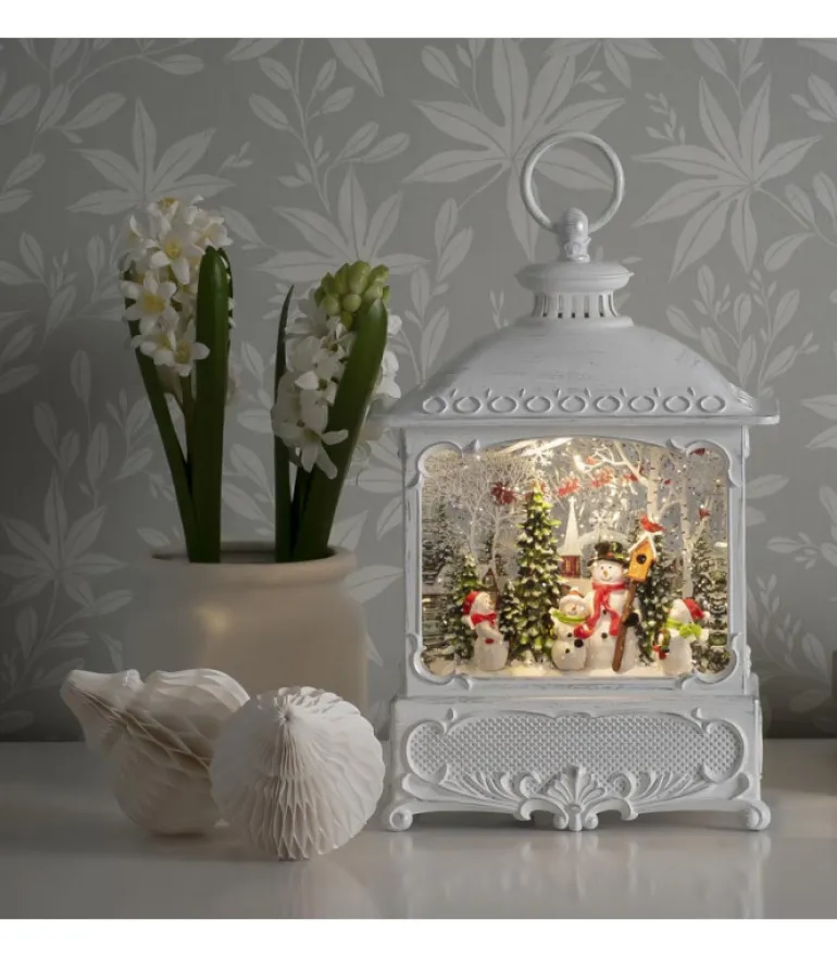 Lanterne De Noël Blanche, 4 Bonshommes De Neige Avec Oiseaux