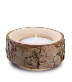 Lot De 3 Bougeoirs En Bois Avec Ecorce, 9 Cm