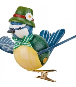 Oiseau Décoratif, Mesange Bleue Et Noeud Vert, 6 Cm
