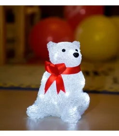 Ours Lumineux A Led En Acrylique Avec Ruban Rouge, 18 Cm