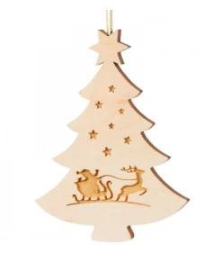 Pendentif Sapin De Noël En Bois, Père Noël Et Traineau
