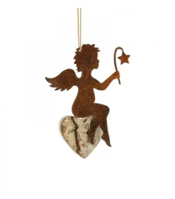 Petit Ange En Metal A Suspendre Et Coeur En Bois Avec Etoile