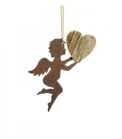 Petit Ange En Metal A Suspendre Et Coeur En Bois