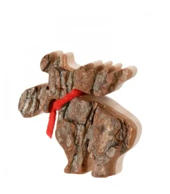 Petit Elan En Bois Avec Noeud Rouge 8 Cm