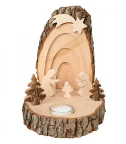 Petite Crèche De Noël En Ecorce De Bois Avec Sapins Et Bougeoir